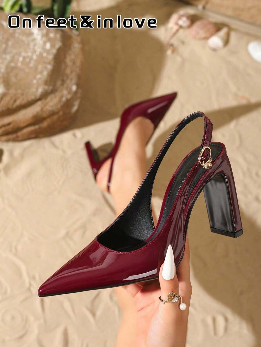 On feet& in love 女士时尚优雅尖头粗跟后带百搭平底鞋，适合搭配连衣裙，酒红色鞋跟 - 深酒紅 - 查看 1