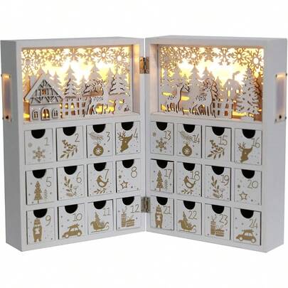 Christmas Wooden Advent Calendar Book With LEDs White & Gold Christmas Reindeer Countdown Holiday Gifts With Drawers Home Decoration