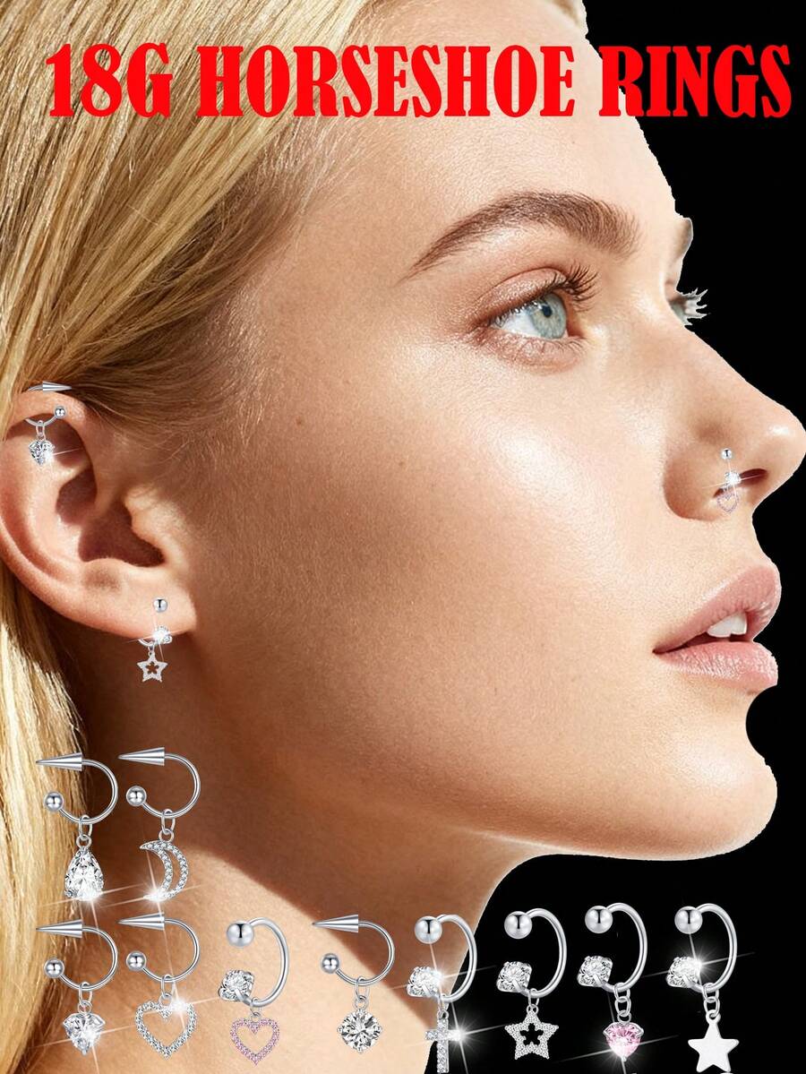 1pc 18G U-Shaped Horseshoe Pendant, 0.8mm Thin Rod Zirconia Ear Bone Stud, Versatile Ear Piercing - Silver - View 1