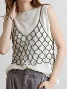 DEKUNER 1 pieza Nueva parte superior de tipo halter de estilo simple con perlas falsas, para adolescente, camiseta bata con lindas cuentas, cadena corporal con perlas