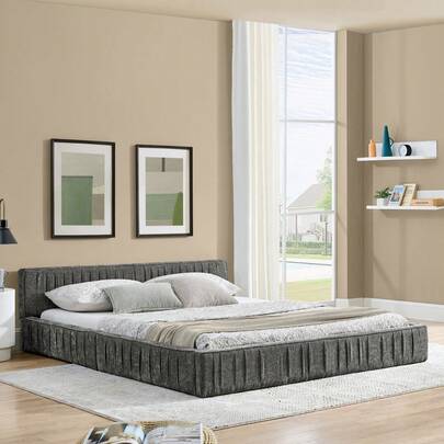 Double Bed 140*200cm, With Soft Chenille Velvet Cover, Made Of -Friendly Eucalyptus Wood And Stable Iron Frame, Easy To Assemble, Dark Grey (Mattress Not Included)