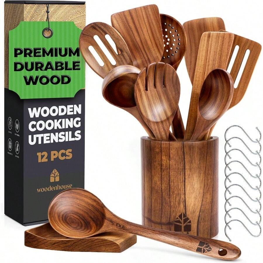 Wooden Spoons For Cooking Durable 12Piece Wooden Cooking Utensils Set With BuiltIn Holder Spoon Rest And Hooks Made From Natural Teak Wood For Nonstick Kitchen Use Ideal For Stirring Mixing And Serving In Home And Professional Kitchens - 棕色 - 查看 1