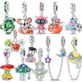 1 pieza Cuentas de plata de ley 925 con diseño lindo de tortuga marina azul, osito y flor, serie de encantos que se adaptan a la pulsera original Qikaola 925 para manualidades, regalo de aniversario