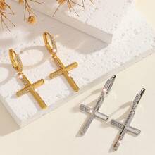 1pair Embedded Cross Pendant Earrings, With Elegant European And American Luxury Charm, Suitable As A Distinctive Gift For Women's Daily Wear Or Occasions
