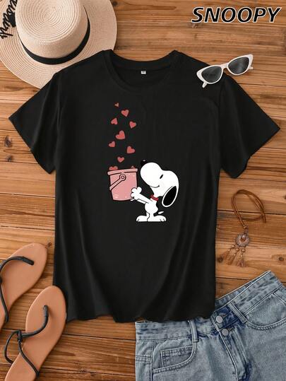Snoopy Catches The Heart With A Bucket Female Round-Neck Cartoon Short-Sleeved Top; Cute Casual Versatile Top.