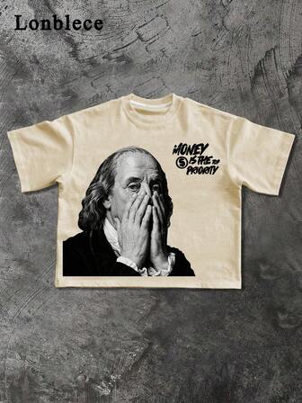 Lonblece 1pc Oversized "Funny Collage" Franklin Print Short Sleeve T-Shirt, Casual Streetwear Style, Suitable For Spring/Summer