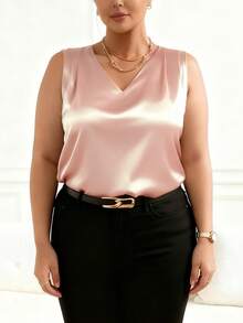 Plus Size Solid Color V-Neck Sleeveless Shirt, Elegant For Office/Commute, Summer - Champagne - View 6