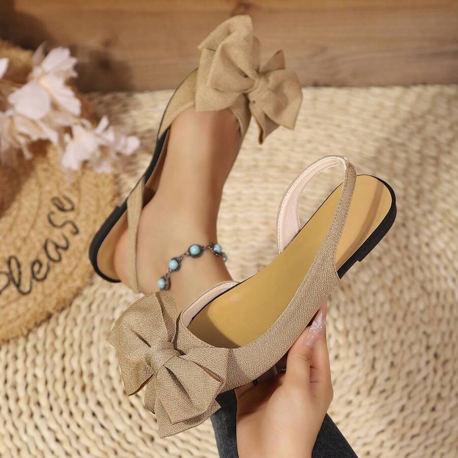 Sandal Wanita Modis Warna Khaki dengan Hiasan Pita, Ujung Datar dan Lancip yang Dapat Diatur Ukurannya