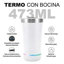 Vaso Termo De Acero Inoxidable Con Bocina Bluetooth y Destapador 473ml Luz Led Para Cafe Agua Fria/Caliente Portatil - Blanco - Ver 2