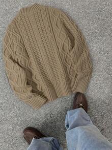 Men's Casual Solid Color Half-Zip Turtleneck Cable Knit Sweater, Autumn/Winter - Khaki - View 3