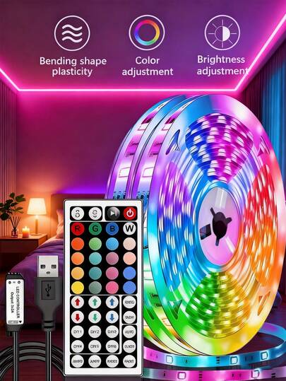 أضواء شريط LED مع جهاز تحكم ب- 44 مفتاح أشعة تحت الحمراء، أضواء ليلية لديكور غرفة المعيشة وحفلات عيد الميلاد والنوم، تعمل بالطاقة من USB، متعددة الأحجام لتلفزيون وكمبيوتر وديكور داخلي، أضواء شريط LED بطاقة لاصقة خلفية قابلة للتعديل للون غرفة النوم وحفلات