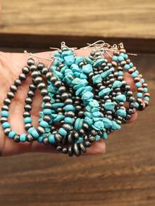 3对波西米亚流苏复古银色珍珠和绿松石/宝石装饰水滴形串珠西部乡村风格时尚吊坠耳环，适合女性日常佩戴 - 綠松石色 - 查看 1