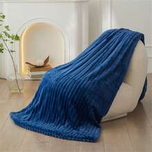 1pc Large Striped Blanket, Wide Stripe Cutout Faux Rabbit Fur, Milk Plush, Flannel Throw Blanket, Office Nap Blanket, Leisure Blanket, Sofa Blanket, Halloween Faux Fur Blanket, Faux Fleece Blanket - Navy Blue - View 3