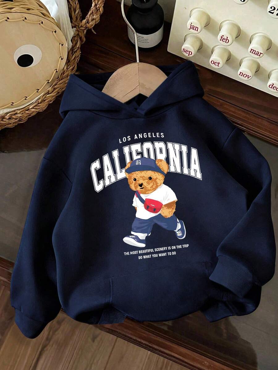Women's Solid Color Long Sleeve Pocket Casual Sweatshirt With Bear English Graphic - Navy Blue - View 1