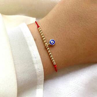 1条波西米亚风铜珠手链，恶魔之眼手链，金珠手链，可调节红色编织绳，可叠戴手链，情侣手链，姐妹手链，朋友礼物，生日礼物，圣诞礼物，母亲节礼物，教师节礼物