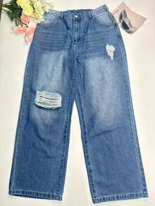 Women's Plus-Size Denim Jeans For Winter, Woven Fabric, Non-Stretch, With Pockets, Comfortable Denim Fabric, Women's Christmas Clothing. - Blue - View 8