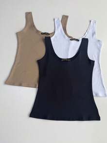 Kit Of 3 Stylish Women's Tank Tops, Blogger-Style, End-Of-Year Premium Gift, Christmas Outfit, Gym Outfit. - 黑色,白色和米色 - 查看 2
