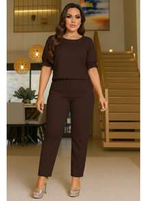 Women's Crepe Set Larisa - Traditional Pants And Blouse - Cool Knit Fabric - Excellent Fit - Rỉ Nâu - Xem 3