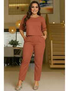 Women's Crepe Set Larisa - Traditional Pants And Blouse - Cool Knit Fabric - Excellent Fit - 赤土陶 - 查看 3