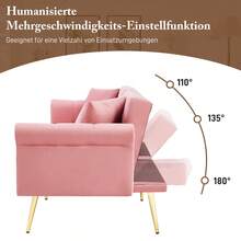 Sofa Bed With Bed Function, Adjustable Angle, Gold Legs, With Pillows And Side Storage Pockets - Pink + Foam + 2 Seat - View 10