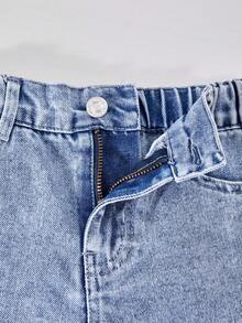 Young Girl Bow Embroidered Pocket Wide Leg Loose Jeans - Blue - View 3