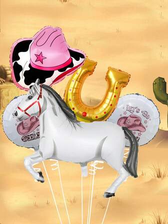 5pcs/Set Western Theme Birthday Party Decoration Set, Includes Horseshoe Balloons, White Horses, Pink Star Cowboy Hats, 18" Pink Cowboy Hat Foil Balloons, Suitable For Western Theme Balloon Birthday Party Decor, Bachelor Party Decor, Hanging Decoration Indoor & Outdoor
