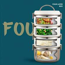 1PC 304 Stainless Steel 2/3/4 Layer Insulated Lunch Box, Safety Bending Box, Bowl Insulated Lunch Container With Divider, Outdoor Food Container, Work, School Supplies, Christmas Gifts - 米白色3層 - 查看 6