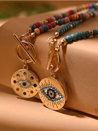 1件彩色人造绿松石项链，邪眼吊坠颈链，复古串珠锁骨链饰品