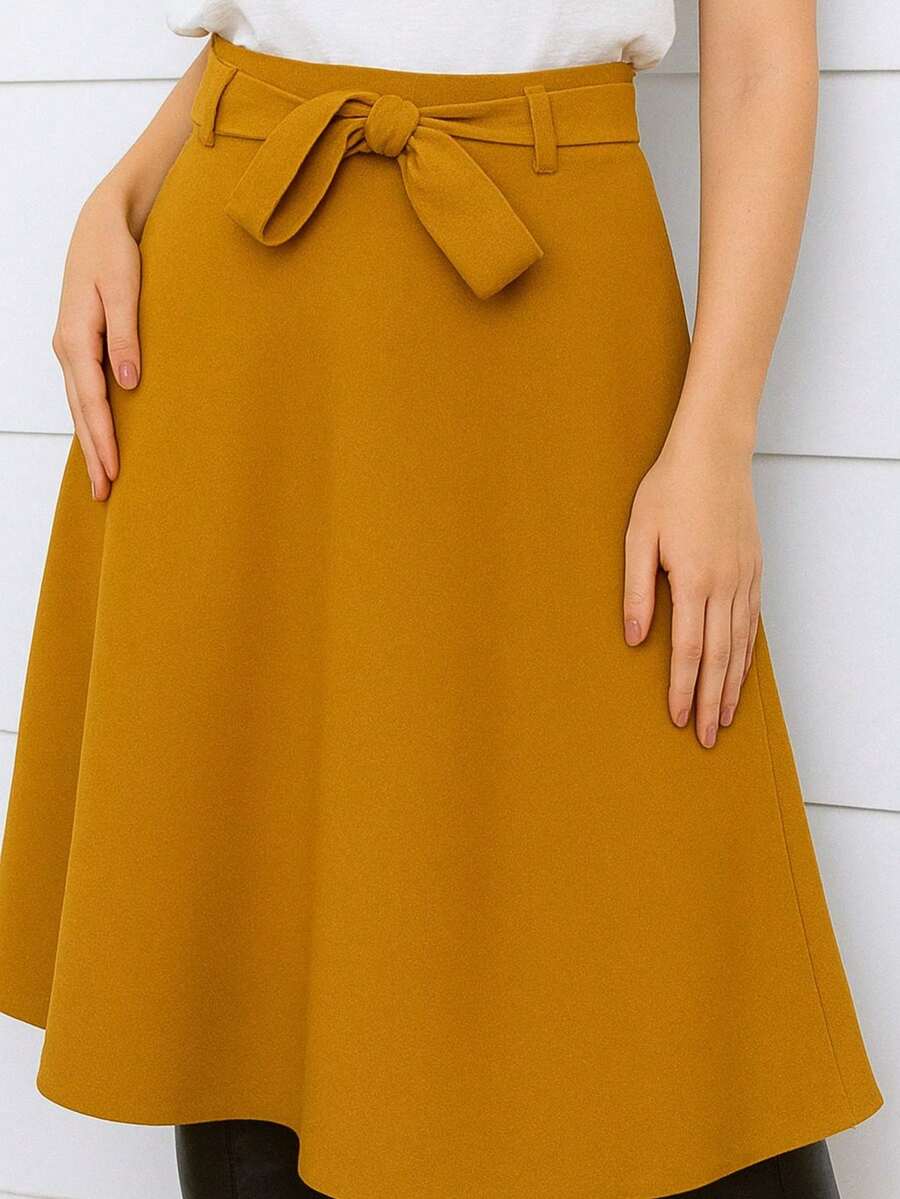 Tailored Midi A-Line Skirt With Belt - Mustard Yellow - View 1