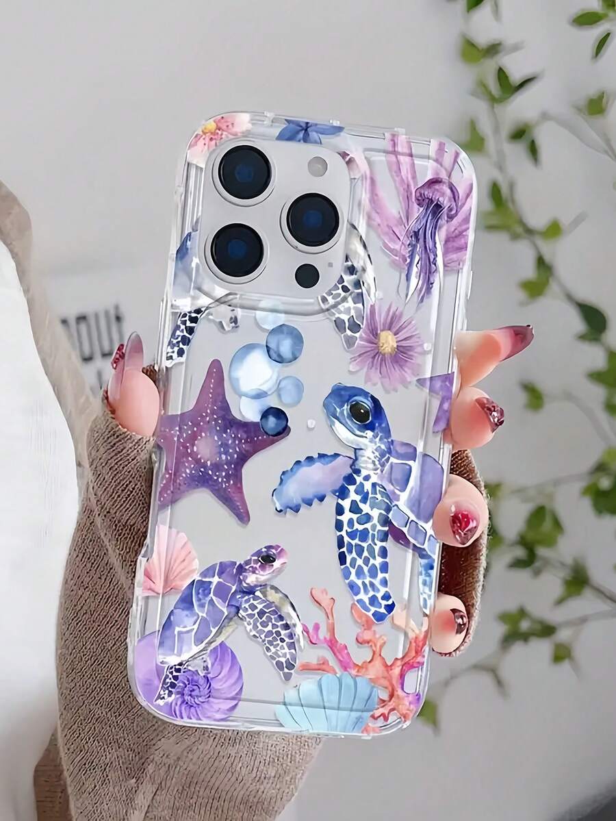 1 pieza Funda de teléfono a prueba de golpes con cobertura completa, de PVC inflable con diseño de tortuga marina y coral de color morado, compatible con iPhone 16, 15, 14, 13, 12, 11 Pro Max, Series, versión internacional, no la versión nacional - Multicolor - Ver 1