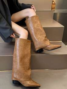 بوت الكاحل للنساء ذات اللون الأحادي كلاسيكية الموضة، أنيقة وراحة القدم، ذات كعب سميك، أصبع قدم مدبب، إغلاق بإبزيم، سهلة الارتداء - أصفر - مشاهدة 4