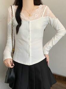 Women's Autumn/Winter New Lace Patchwork Pure Elegant Long Sleeve Slim Fit Knit Top - White - View 2