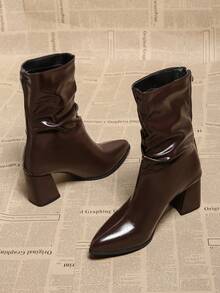 Giày bốt cổ ngắn gót chunky kiểu Pháp thời thượng cho nữ, mẫu thu đông 2025, giày cao gót buộc dây mới, màu đỏ tía. - màu nâu - Xem 3