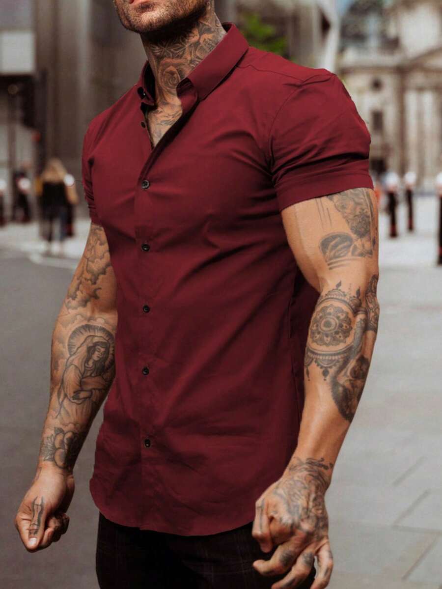 男士纯色简约休闲短袖衬衫 - 酒紅色 - 查看 1