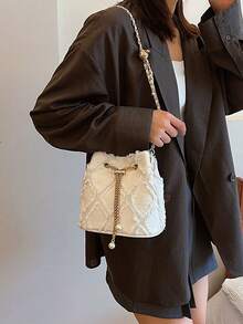 New Fashion Classic All-Match Solid Color Diamond Lattice Raw Edge Metal Drawstring Opening And Closing Design Shoulder Bucket Bag, Elegant Women's Wallet, Suitable For Shopping, Commuting To Work, Party Gatherings - trắng - Xem 2