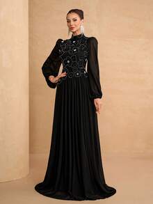 YISIKADO Đầm chiffon đính cườm hoa 3D, tay dài, cổ cao, kiểu dáng thanh lịch, thích hợp cho tiệc trà, dự đám cưới, lễ tốt nghiệp, hòa nhạc, tiệc chiêu đãi và các dịp khác. Màu đen mùa xuân. - màu đen - Xem 6