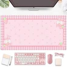 Cute Pink Plaid Desk Mats Strawberry Milk Gaming Desk Pad, Kawaii Extended Mouse Pad Kawaii Large Keyboard Mats, Laptop Mat For Desk, Desktop Mat Mousepad Office Decor For Women - 長方形 - 查看 1