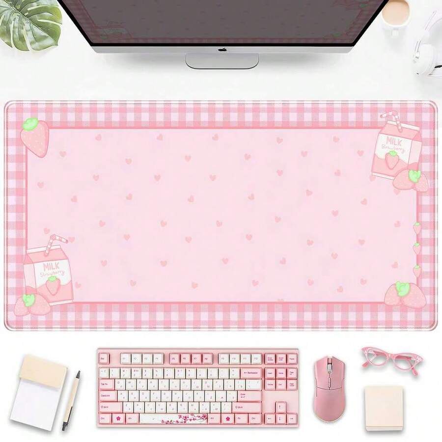 Cute Pink Plaid Desk Mats Strawberry Milk Gaming Desk Pad, Kawaii Extended Mouse Pad Kawaii Large Keyboard Mats, Laptop Mat For Desk, Desktop Mat Mousepad Office Decor For Women - 長方形 - 查看 1