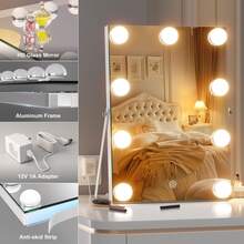 Hasipu Vanity Mirror With Lights, 10 X 14" Makeup Mirror, 360° Rotation Makeup Mirror With 11 Dimmable Bulbs, 3 Colors Modes, Touch Control, With Stand Aluminum Thin Frame For Living Room, Home Home Bathroom Decor Summer Makeup Organizer Bathroom Accessories Back To School - View 4