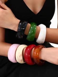 1pc Oval Wide Geometric Arc Resin Tie Dye Coffee Color Bracelet, Retro Fashion Women Bracelet - Bracelet - View 6