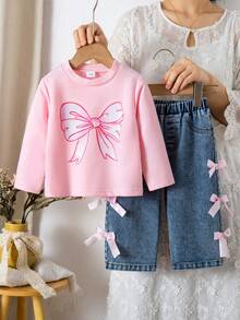 2pcs Baby Girls Autumn/Winter Pink Bow Print Long Sleeve Top + Denim Pants With 3D Bow Decor Set - Multicolor - View 1