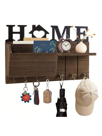 Soporte de Pared para Llavero Porta Llaves para Pared Colgador de Llaves con 7 Ganchos Organizador de Correo de Rústica Colgador para Llaves para Llaves Estante Decorativo de Pared, Marrón