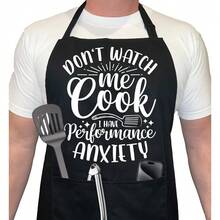 Men's Funny Kitchen Apron - "Don't Watch Me Cook, I Have Performance Anxiety" Funny Kitchen Apron With Pockets, Durable Polyester, Ideal Gift For Husband, Dad, Him - Christmas, Father's Day, Birthday, Funny Apron, Funny Design, Practical Kitchen Clothing, Quality Stitching, Novelty Gift, Humor Enthusiast, Christmas, Thanksgiving, Christmas Party Chef Brand Women's Apron Women's Apron.Women's Apron Plus Size '08', Wedding, Kitchen Party Staff, Food Service Work - 27.6 英吋(寬)x 33 英吋(長) - 查看 1