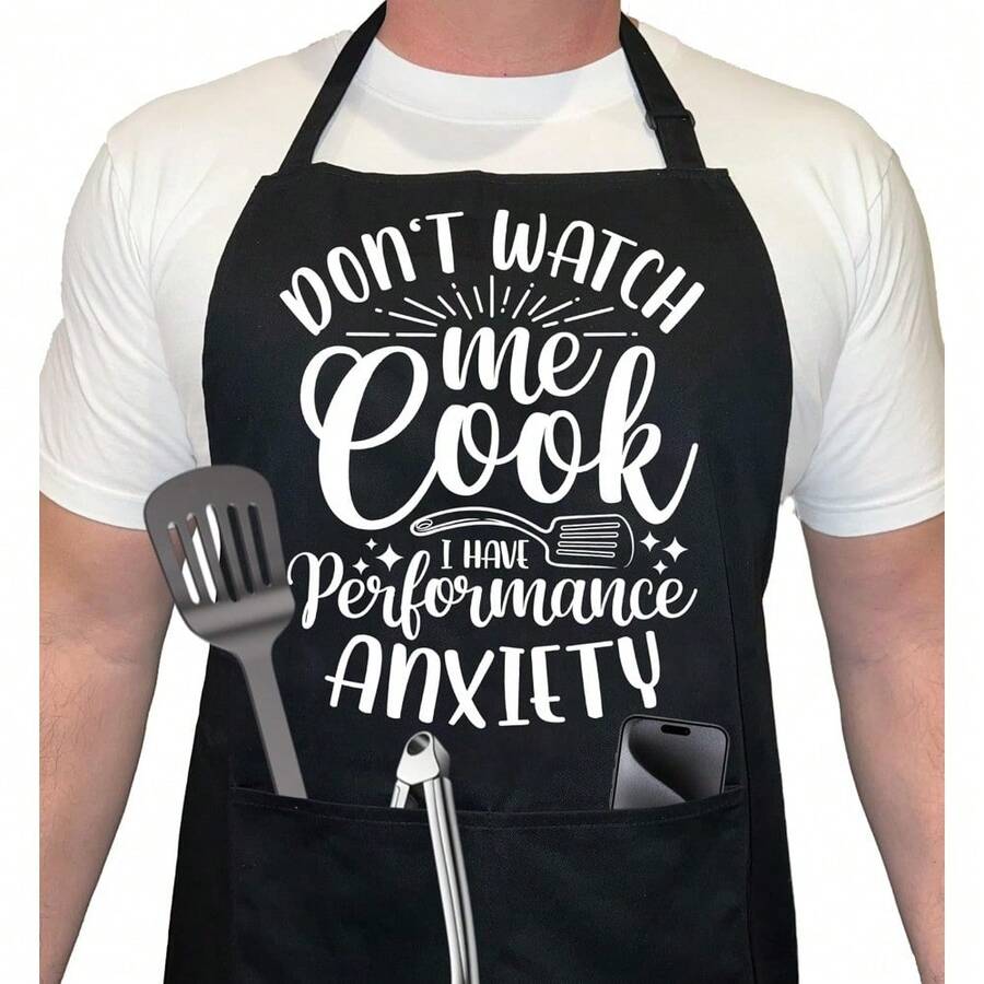 Men's Funny Kitchen Apron - "Don't Watch Me Cook, I Have Performance Anxiety" Funny Kitchen Apron With Pockets, Durable Polyester, Ideal Gift For Husband, Dad, Him - Christmas, Father's Day, Birthday, Funny Apron, Funny Design, Practical Kitchen Clothing, Quality Stitching, Novelty Gift, Humor Enthusiast, Christmas, Thanksgiving, Christmas Party Chef Brand Women's Apron Women's Apron.Women's Apron Plus Size '08', Wedding, Kitchen Party Staff, Food Service Work - 27.6 英吋(寬)x 33 英吋(長) - 查看 1