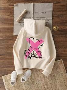 Tween Girls' Cute Bear Print Casual Pullover Fleece Hoodie Sweatshirt, Autumn/Winter