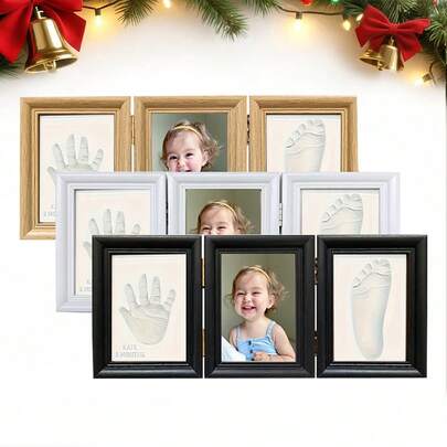 3-Fold Irregular Clay Photo Frame - Footprint & Handprint Kit, Boy & Girl Set, Christening Gift, New Parents Gift, Memory & Nursery Decor