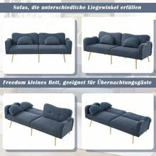 Sofa Bed With Bed Function, Adjustable Angle, Gold Legs, With Pillows And Side Storage Pockets - Blue Gray + Foam + 2 Seat - View 6