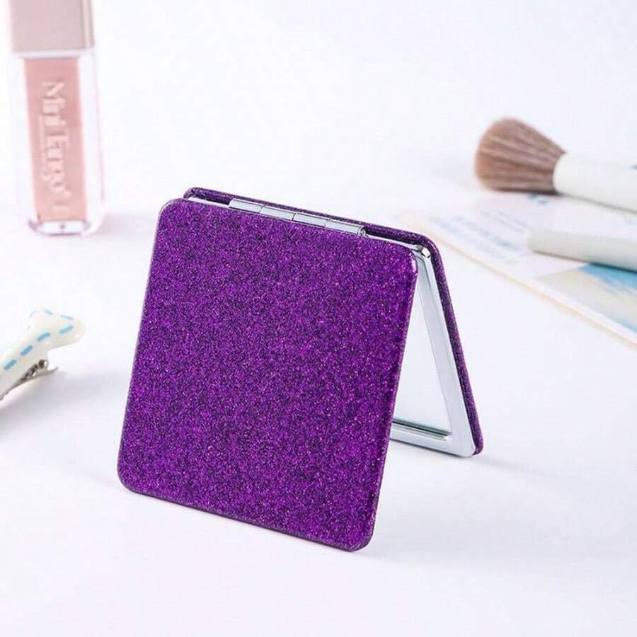 Gold Magnifying Compact Mirror Purse - 1x/2x Magnification Travel Mirror 2.76 Inch Double - Sided Folding Mirror, Cute Small Pocket Mirror, Travel Essentials - 紫色方塊 - 查看 1