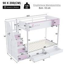 Children's Bunk Bed 90x200 Cm, Rabbit And Carrot Pattern, Practical Storage Ladder With Drawers, Slatted Bed Base And Removable Shelf - White+Pink - View 6