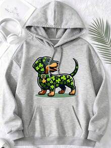 Cute Dachshund Dog Hoodie Gray St Patrick's Day Clover Pattern Casual Wear For Women And Girls - Grey - View 4